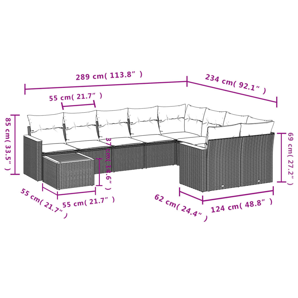 10-delige Loungeset met kussens poly rattan grijs