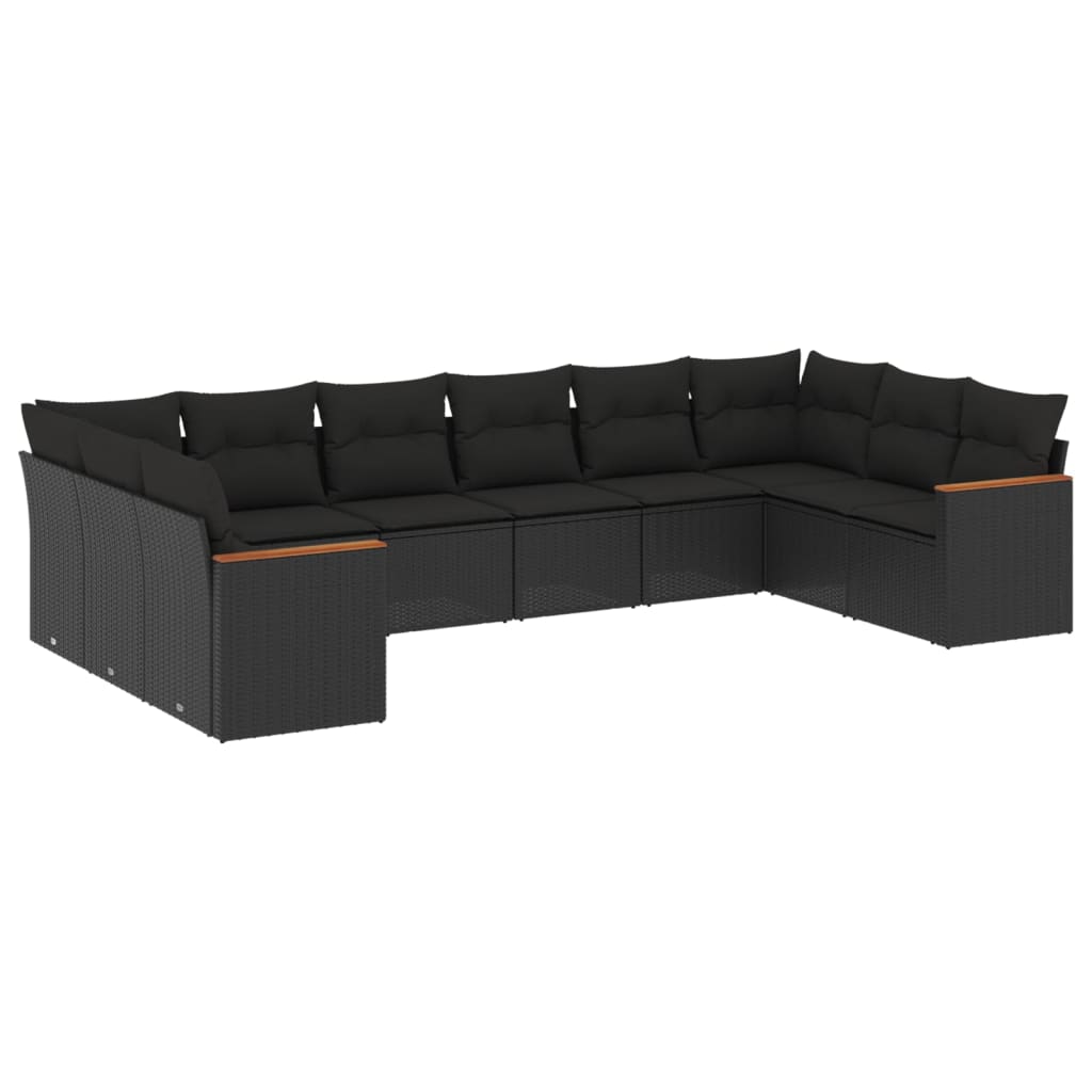 10-delige Loungeset met kussens poly rattan zwart