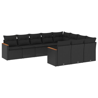 10-delige Loungeset met kussens poly rattan zwart