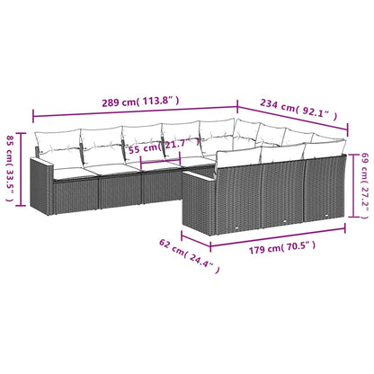 10-delige Loungeset met kussens poly rattan zwart