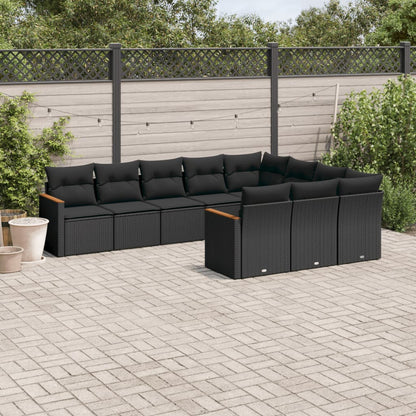 10-delige Loungeset met kussens poly rattan zwart