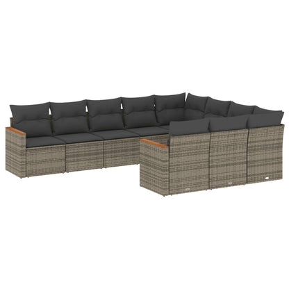 10-delige Loungeset met kussens poly rattan grijs