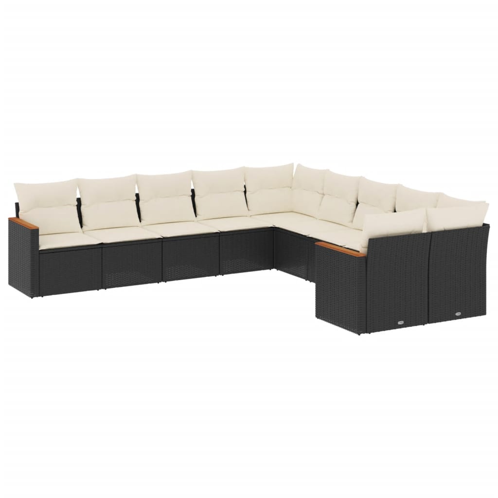 10-delige Loungeset met kussens poly rattan zwart