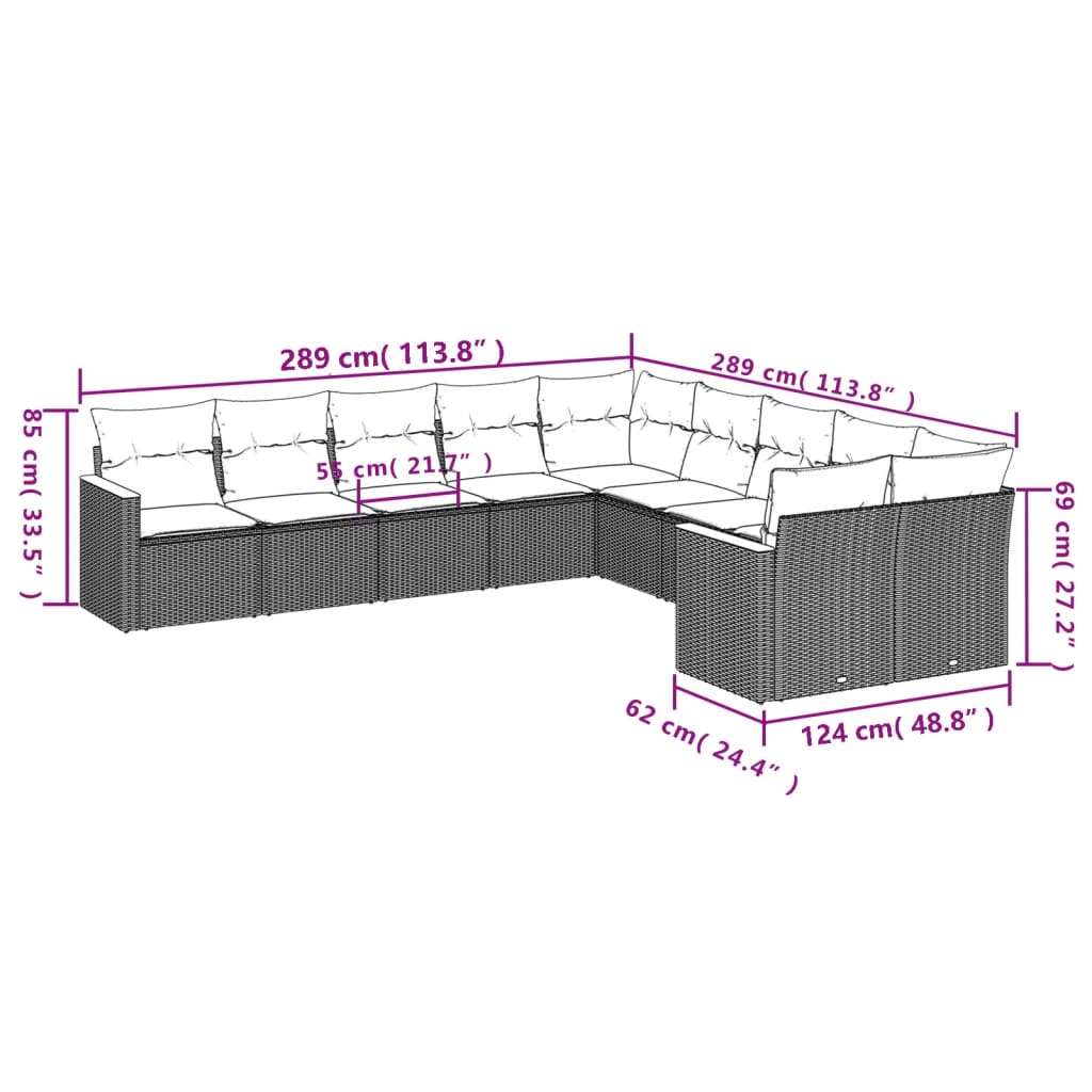 10-delige Loungeset met kussens poly rattan zwart