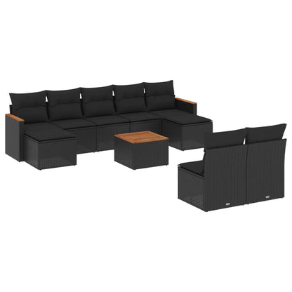 10-delige Loungeset met kussens poly rattan zwart