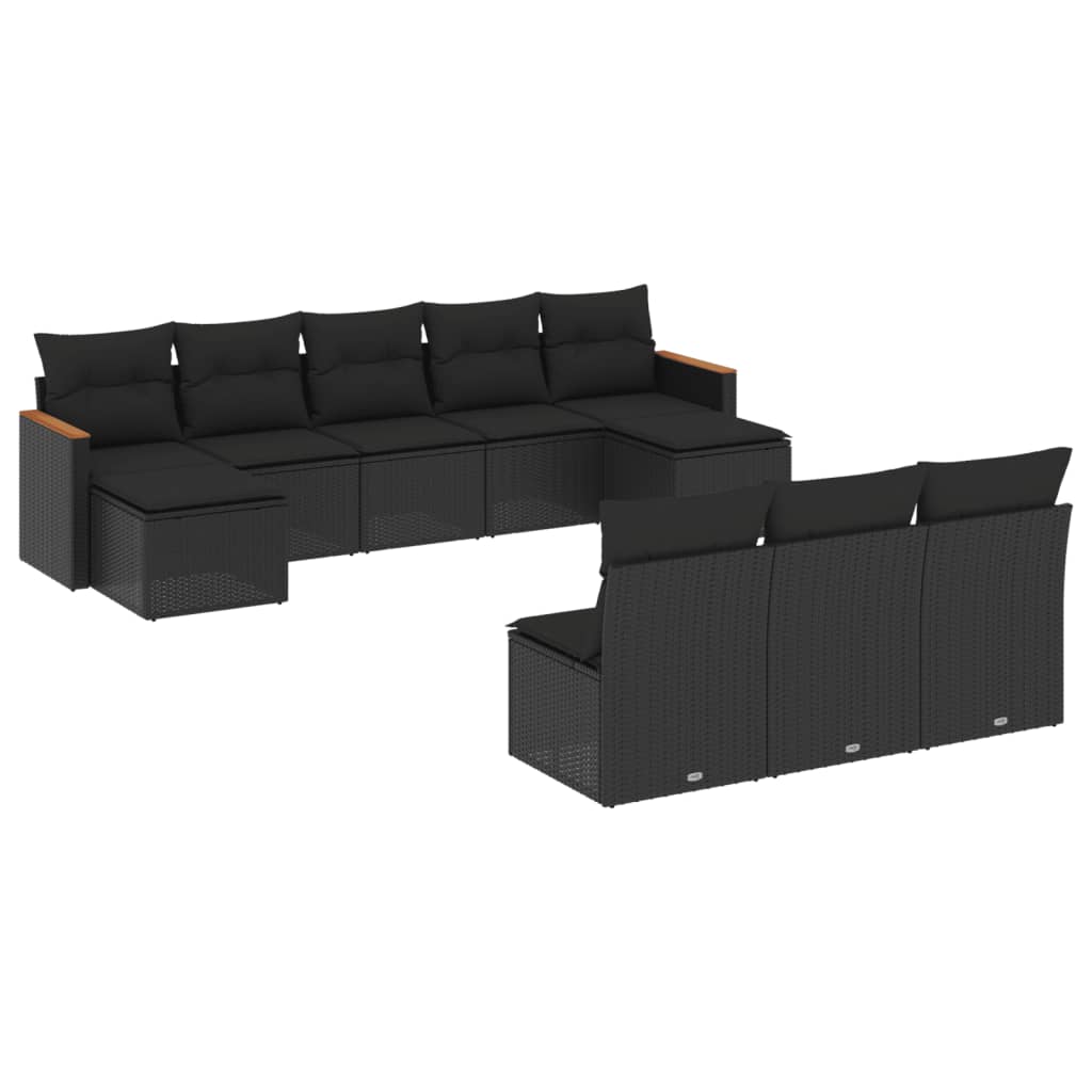 10-delige Loungeset met kussens poly rattan zwart