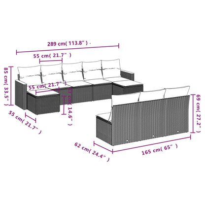 10-delige Loungeset met kussens poly rattan zwart