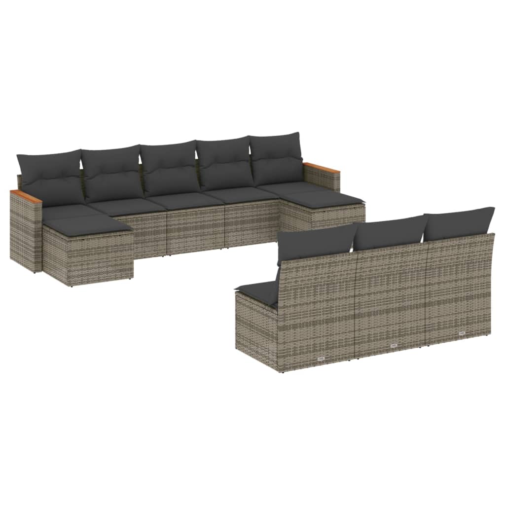 10-delige Loungeset met kussens poly rattan grijs