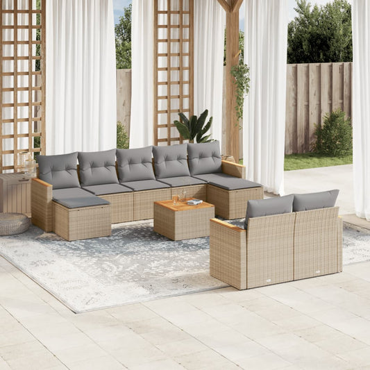 10-delige Loungeset met kussens poly rattan beige