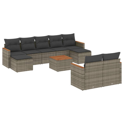 10-delige Loungeset met kussens poly rattan grijs