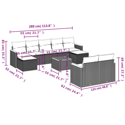 10-delige Loungeset met kussens poly rattan grijs