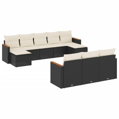 10-delige Loungeset met kussens poly rattan zwart