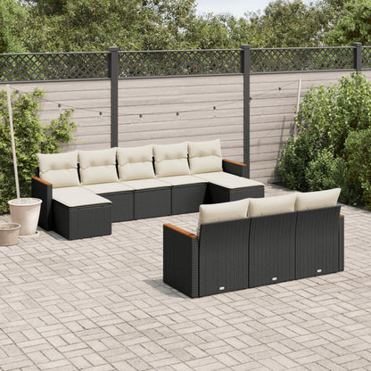 10-delige Loungeset met kussens poly rattan zwart