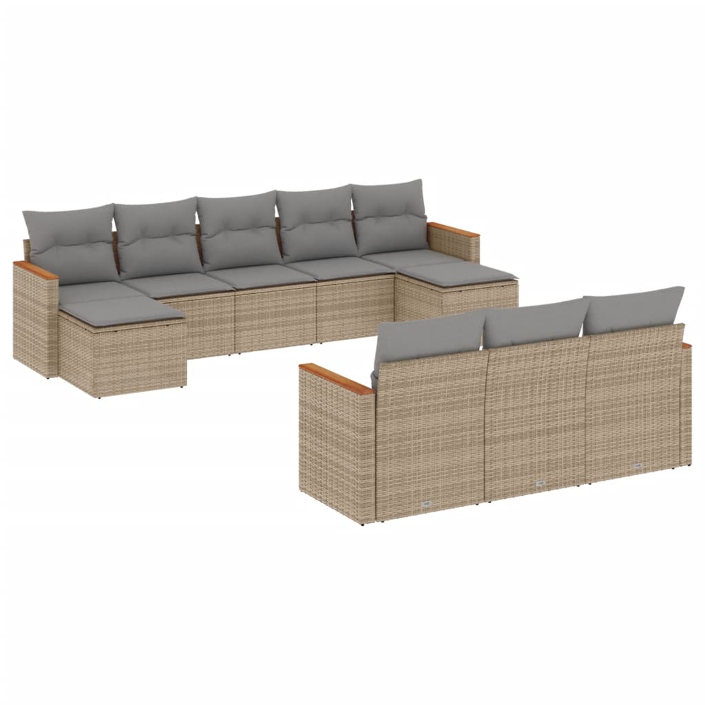 10-delige Loungeset met kussens poly rattan beige