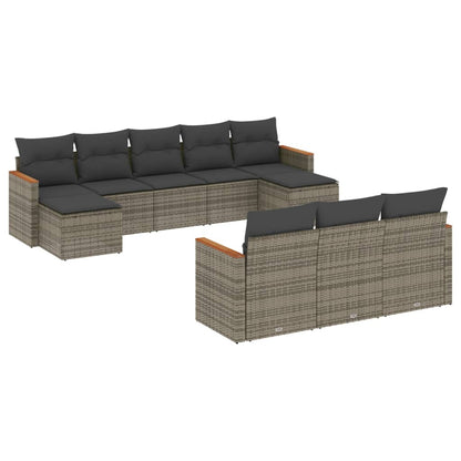 10-delige Loungeset met kussens poly rattan grijs