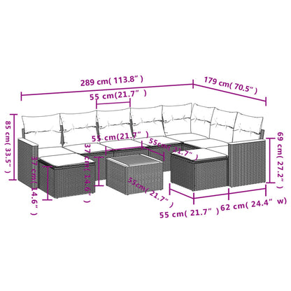 10-delige Loungeset met kussens poly rattan grijs