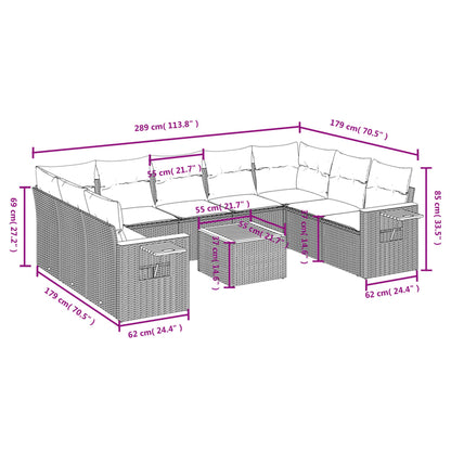 10-delige Loungeset met kussens poly rattan zwart