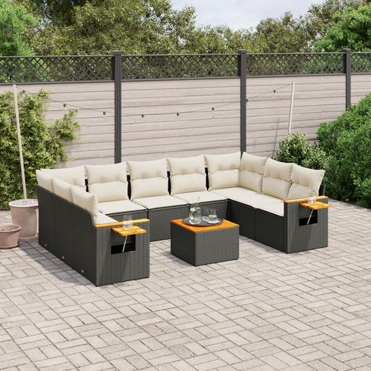 10-delige Loungeset met kussens poly rattan zwart