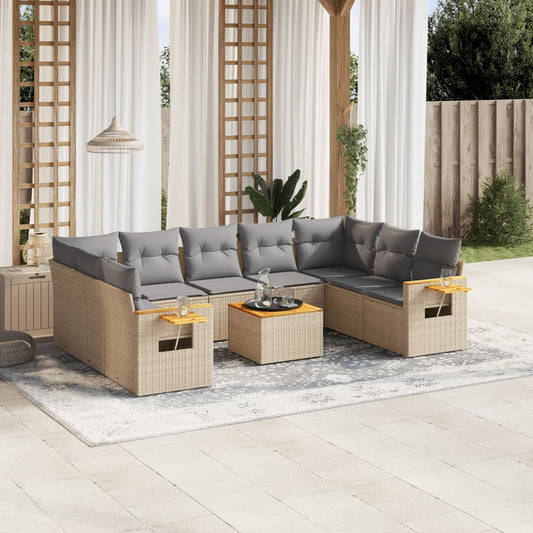 10-delige Loungeset met kussens poly rattan beige