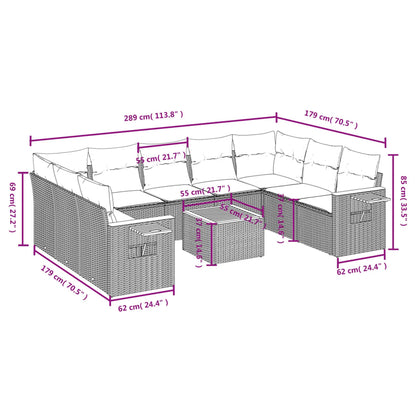 10-delige Loungeset met kussens poly rattan grijs