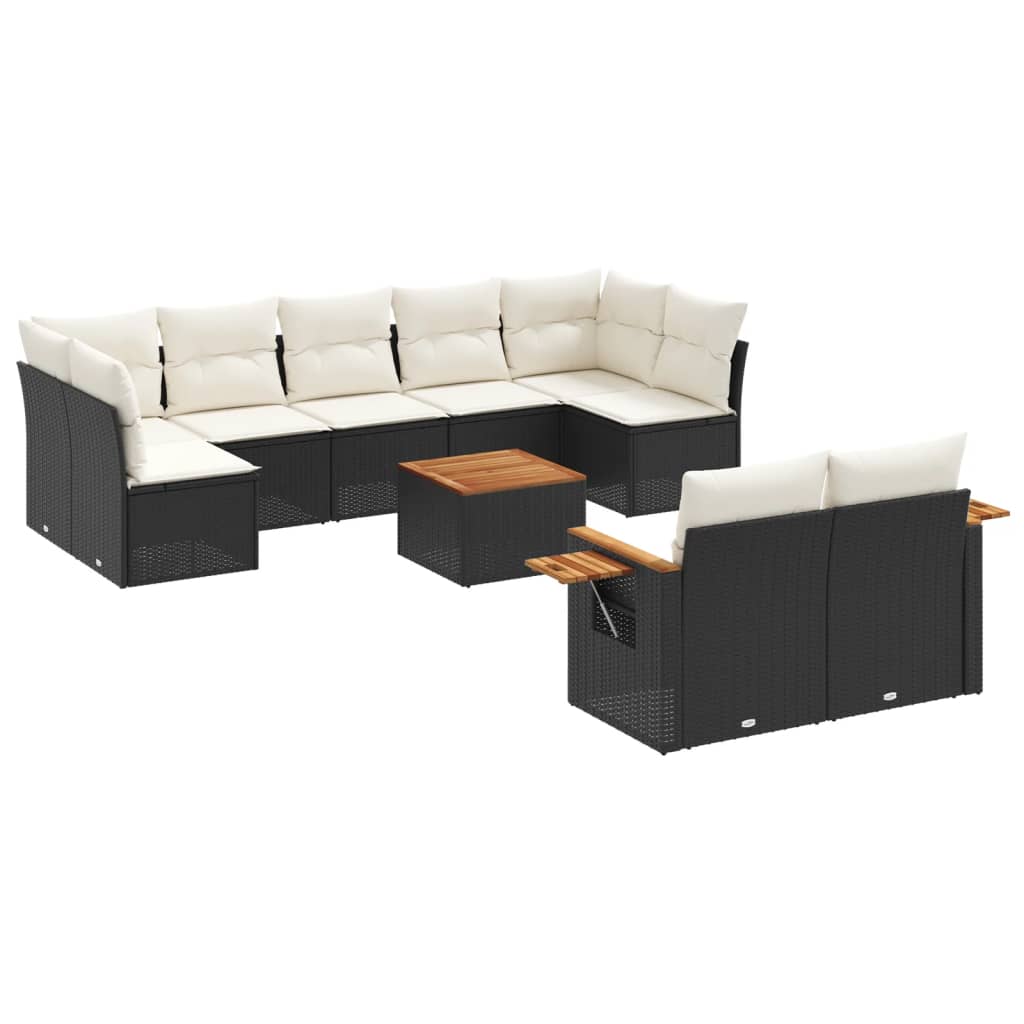 10-delige Loungeset met kussens poly rattan zwart