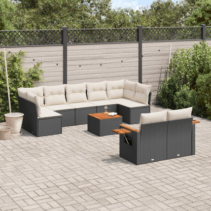 10-delige Loungeset met kussens poly rattan zwart