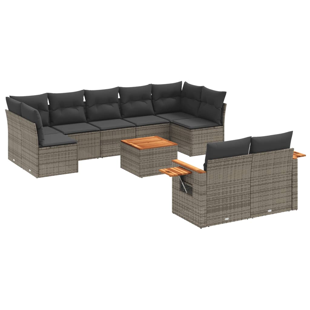 10-delige Loungeset met kussens poly rattan grijs