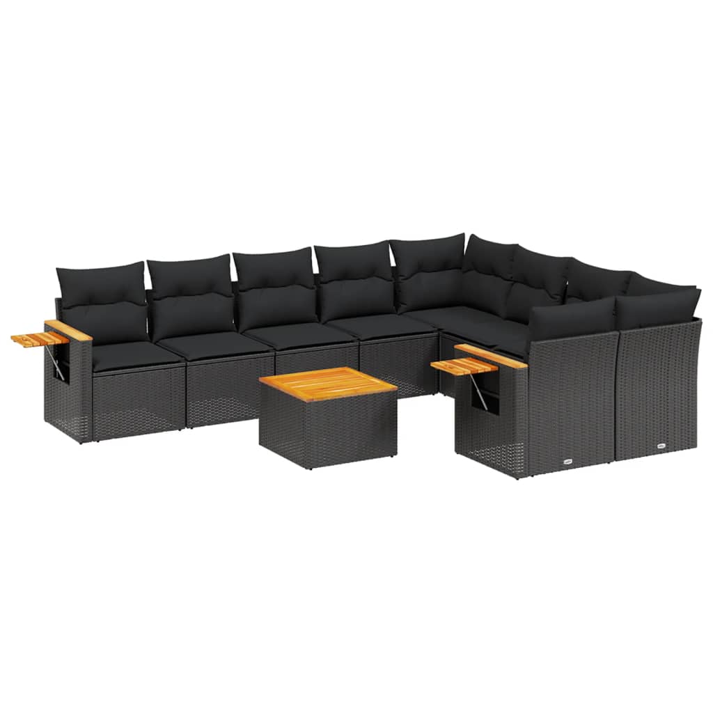 10-delige Loungeset met kussens poly rattan zwart