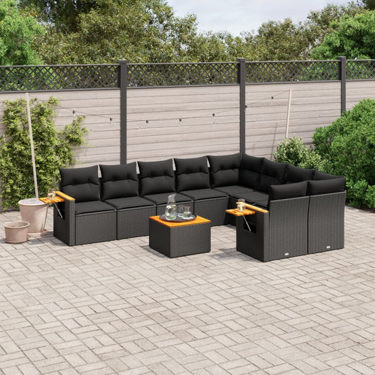 10-delige Loungeset met kussens poly rattan zwart