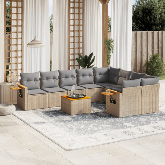 10-delige Loungeset met kussens poly rattan beige