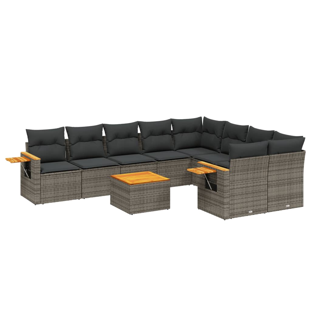 10-delige Loungeset met kussens poly rattan grijs