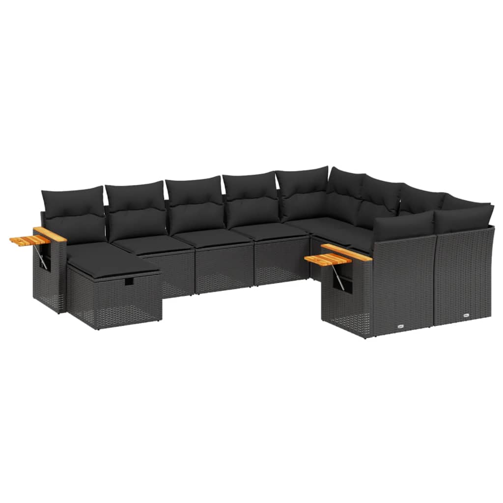 10-delige Loungeset met kussens poly rattan zwart