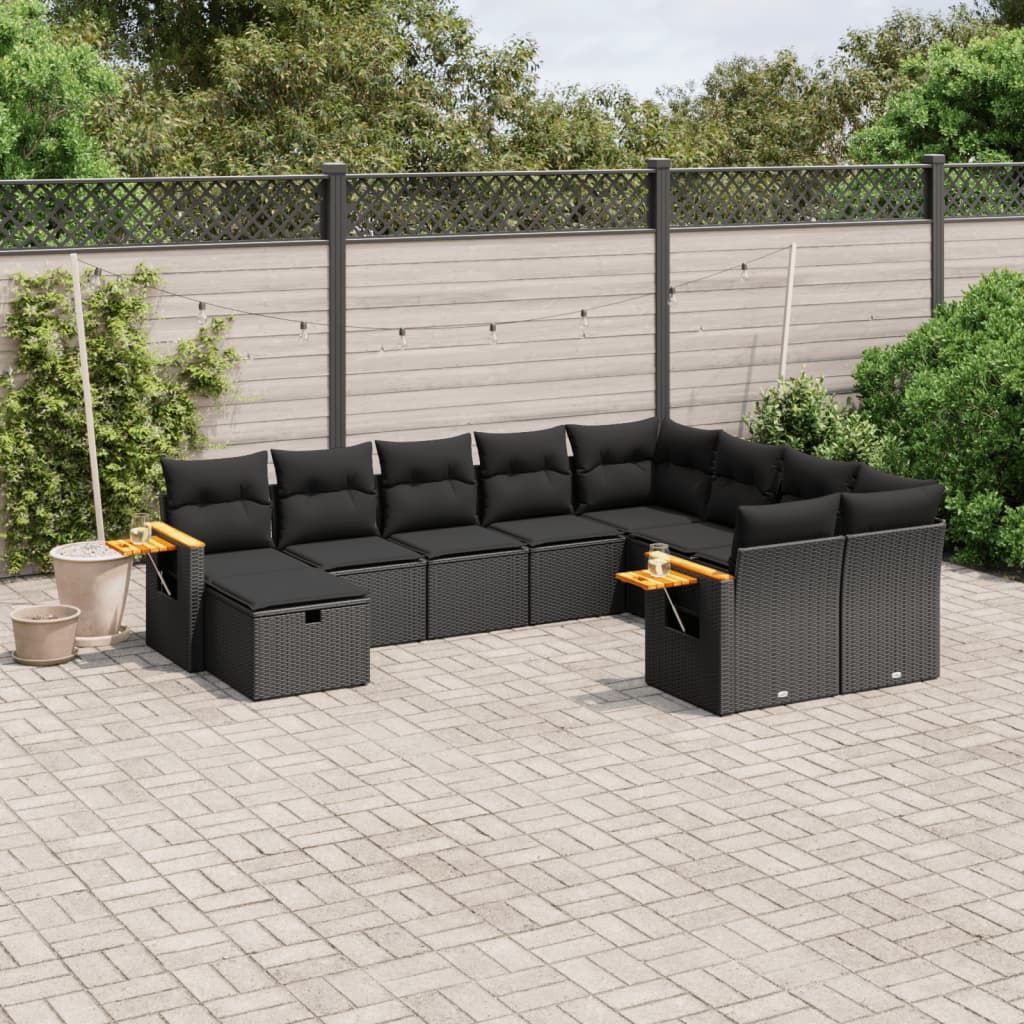 10-delige Loungeset met kussens poly rattan zwart