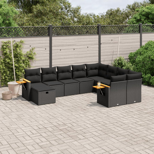 10-delige Loungeset met kussens poly rattan zwart