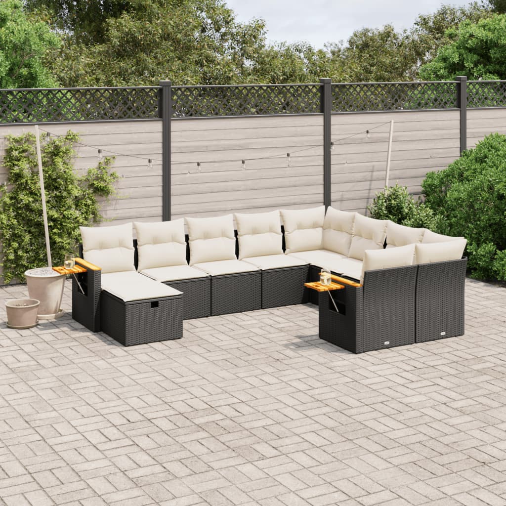 10-delige Loungeset met kussens poly rattan zwart