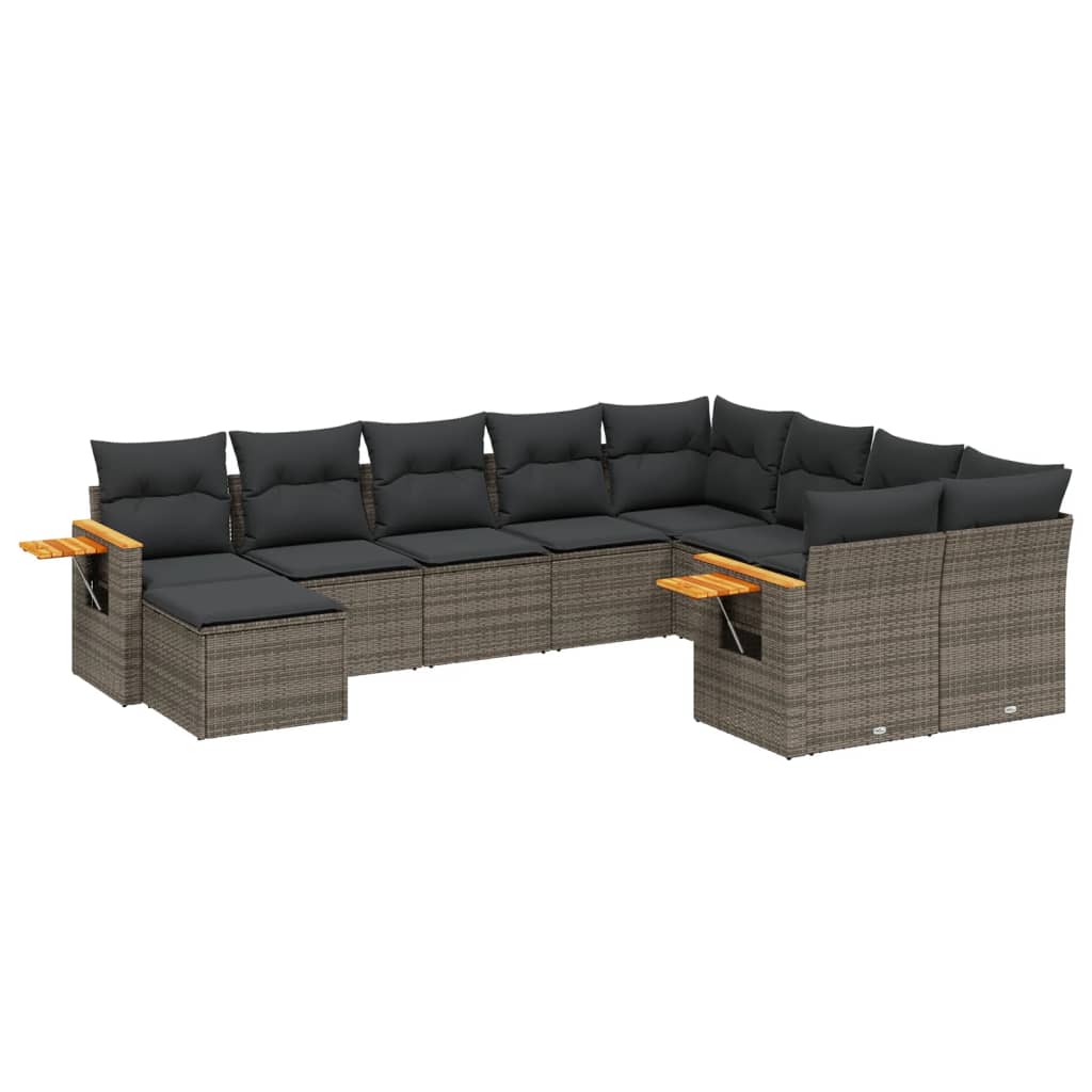 10-delige Loungeset met kussens poly rattan grijs