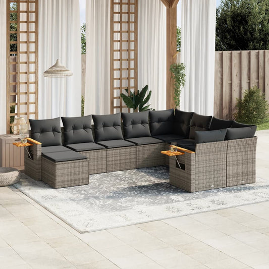 10-delige Loungeset met kussens poly rattan grijs