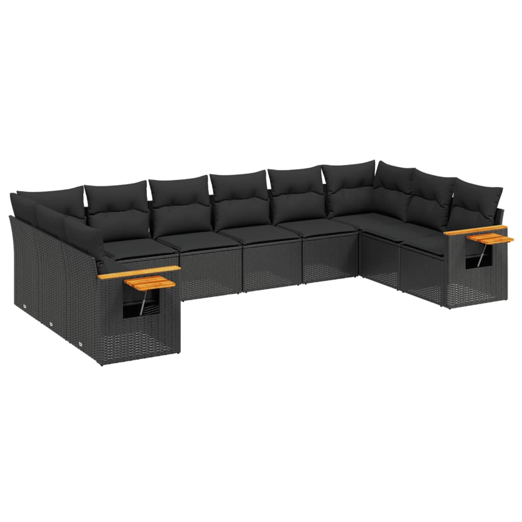 10-delige Loungeset met kussens poly rattan zwart