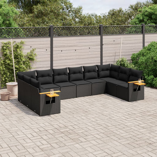 10-delige Loungeset met kussens poly rattan zwart