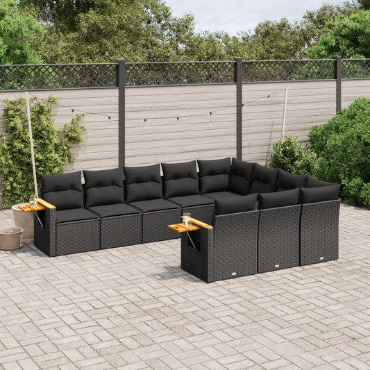 10-delige Loungeset met kussens poly rattan zwart