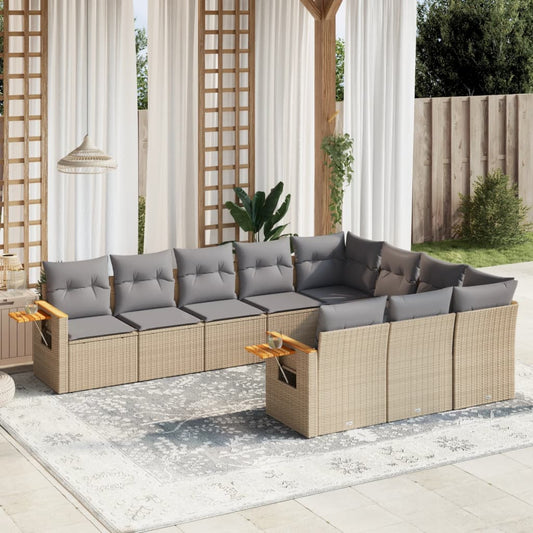 10-delige Loungeset met kussens poly rattan beige