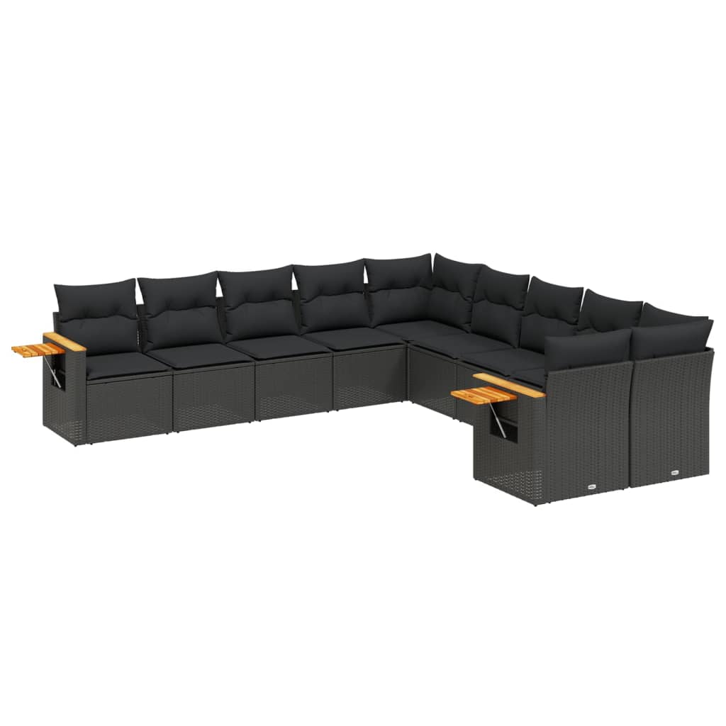 10-delige Loungeset met kussens poly rattan zwart