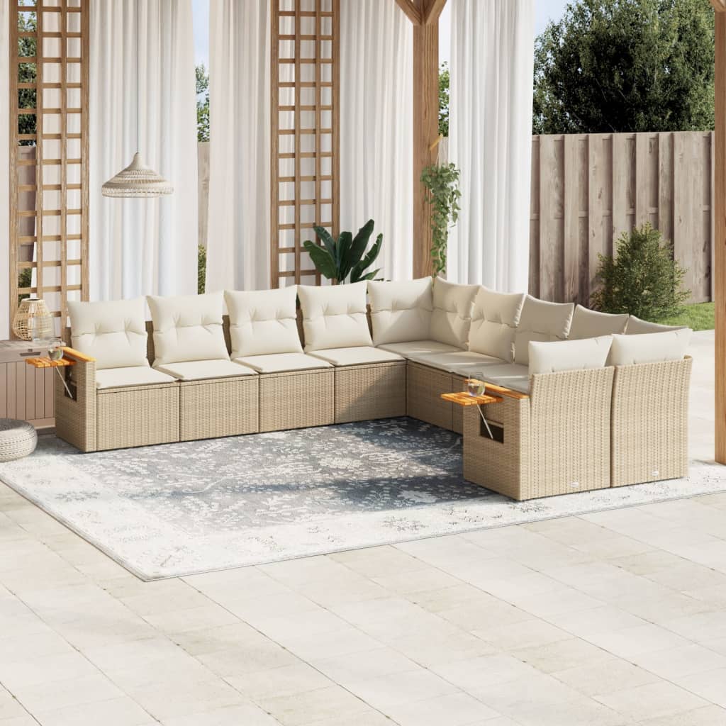 10-delige Loungeset met kussens poly rattan beige