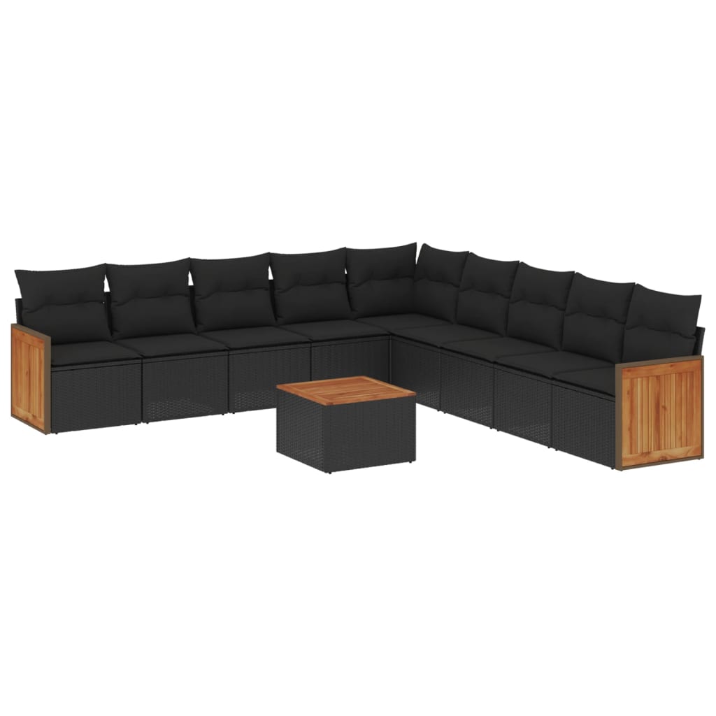 10-delige Loungeset met kussens poly rattan zwart