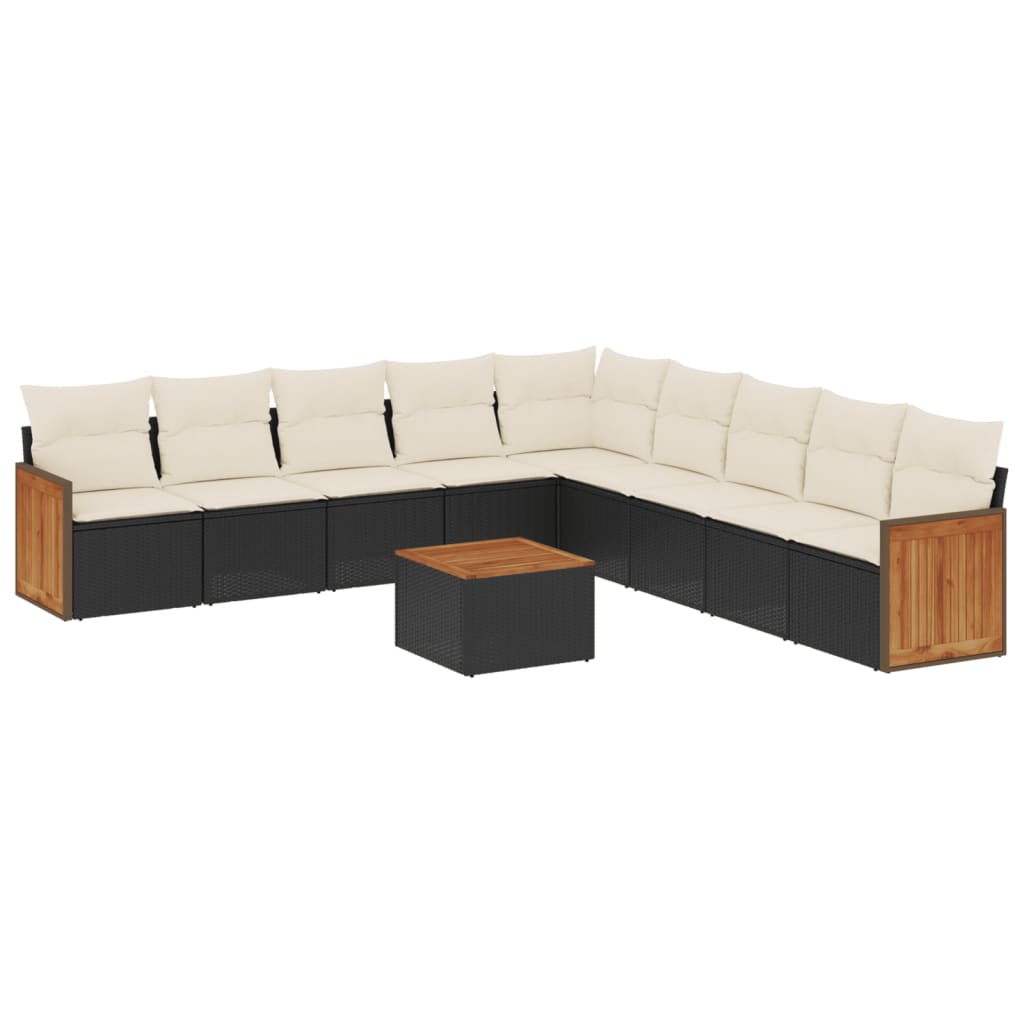 10-delige Loungeset met kussens poly rattan zwart