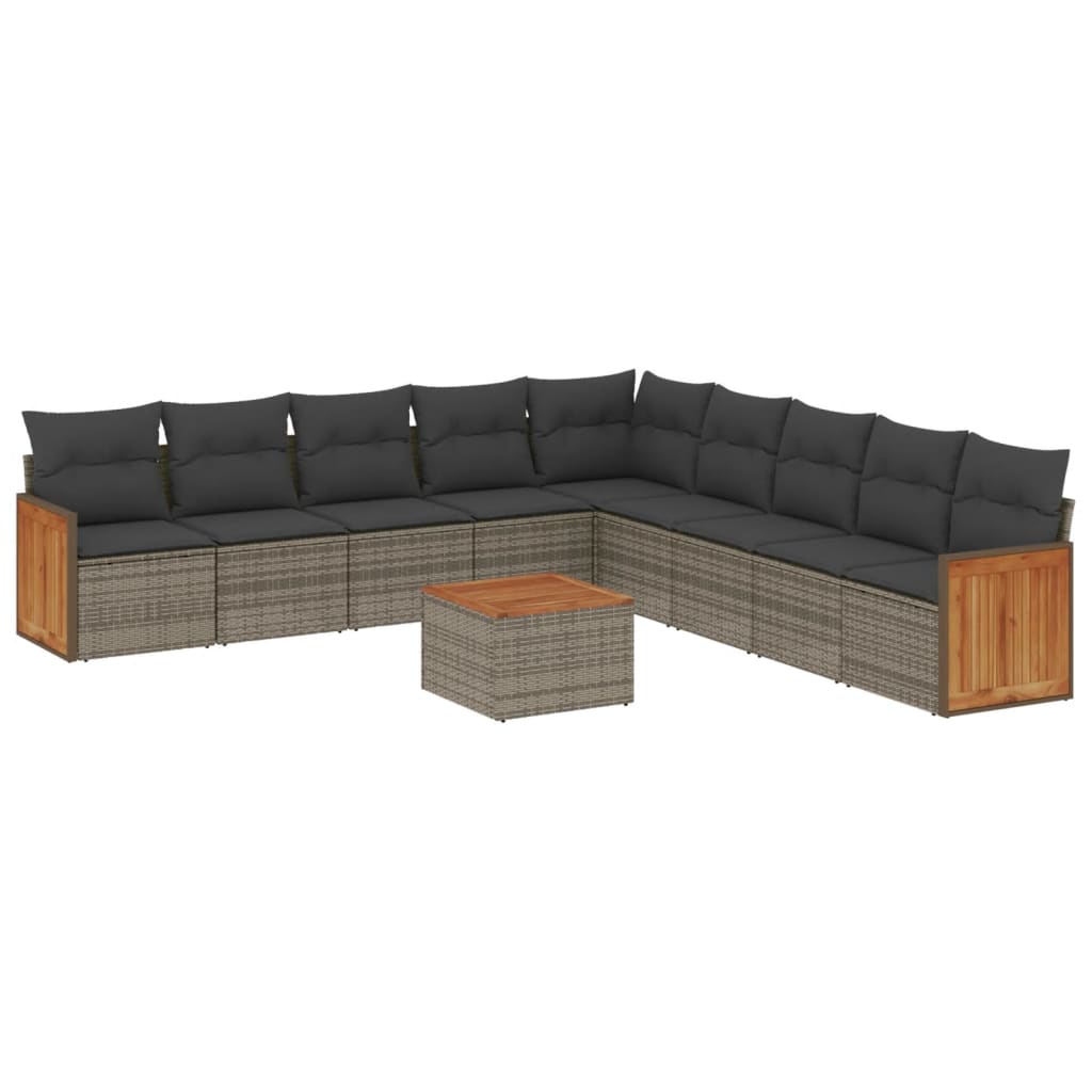 10-delige Loungeset met kussens poly rattan grijs