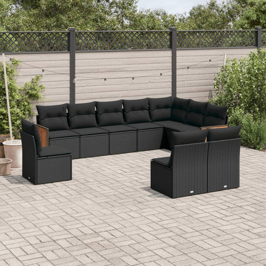 10-delige Loungeset met kussens poly rattan zwart