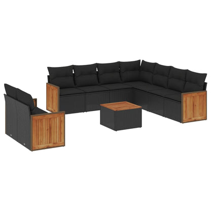 10-delige Loungeset met kussens poly rattan zwart