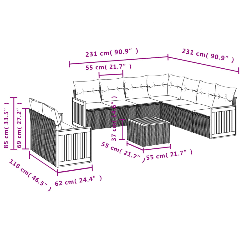 10-delige Loungeset met kussens poly rattan zwart