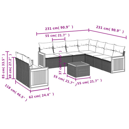 10-delige Loungeset met kussens poly rattan zwart